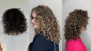 Drie geknipte krullen kapsels met gedefinieerde, volumineuze krullen na het krullen knippen bij Studio Glow in Ede
