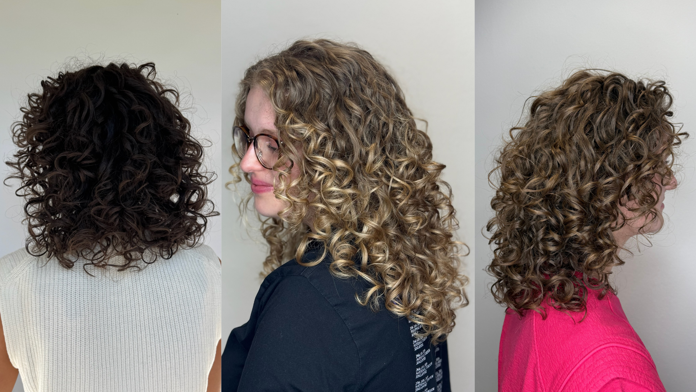 Drie geknipte krullen kapsels met gedefinieerde, volumineuze krullen na een curly cut bij Studio Glow in Ede